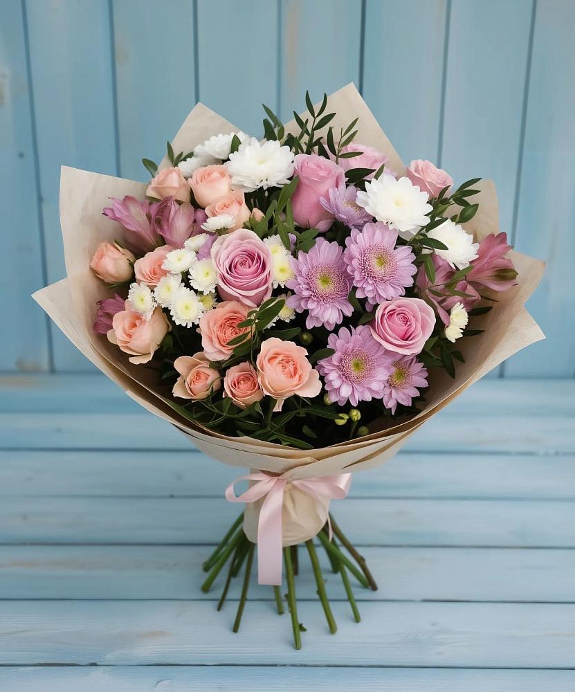 Букет цветов из: Хризантемы, Розы и Альстромерии в Юровка
