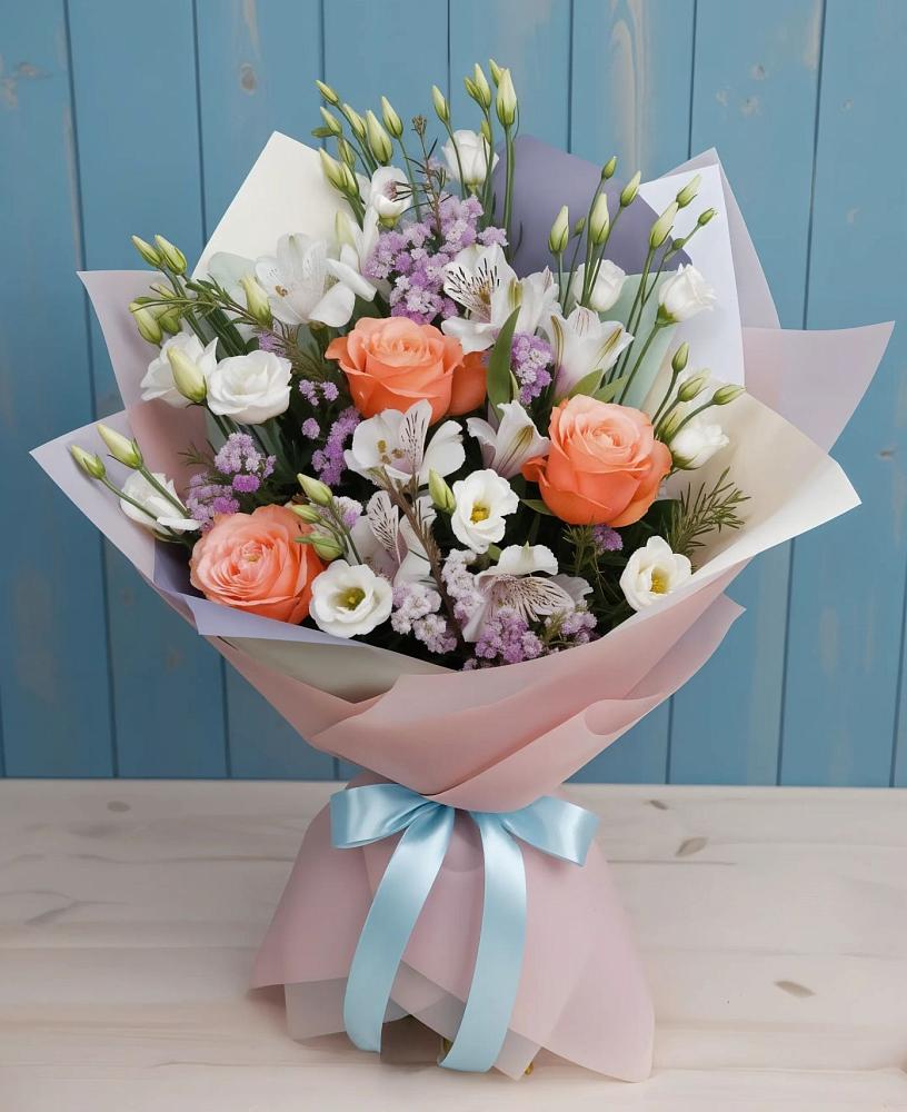 Букет цветов из: Лизиантусы, Розы, Альстромерии и Гипсофила в Юровка