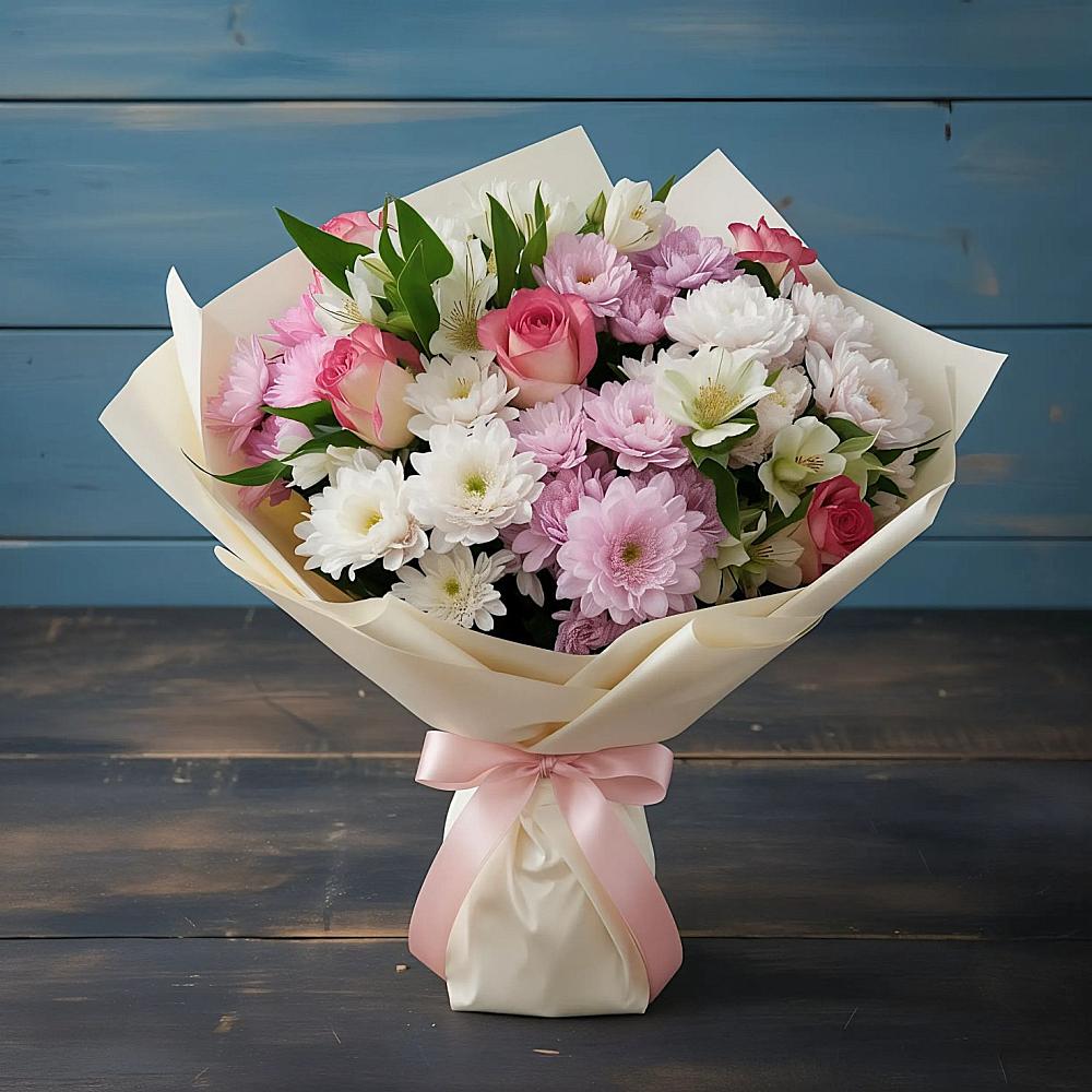 Букет цветов из: Хризантемы, Альстромерии и Розы в Юровка